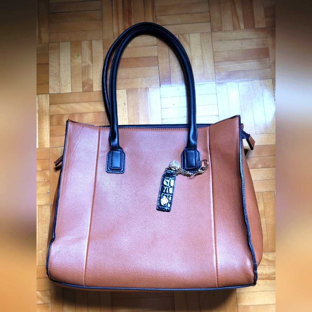 Call It Spring Brown and Black Leather Tote with Decorative Clasp